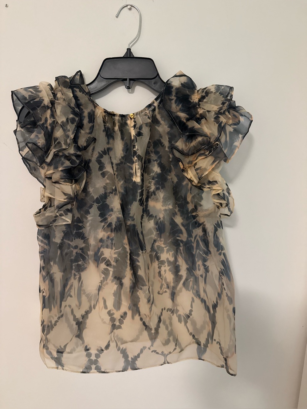 Ulla Johnson Organza Ruffle Sleeve Blouse | Navy & Cream Print | Sz 6
